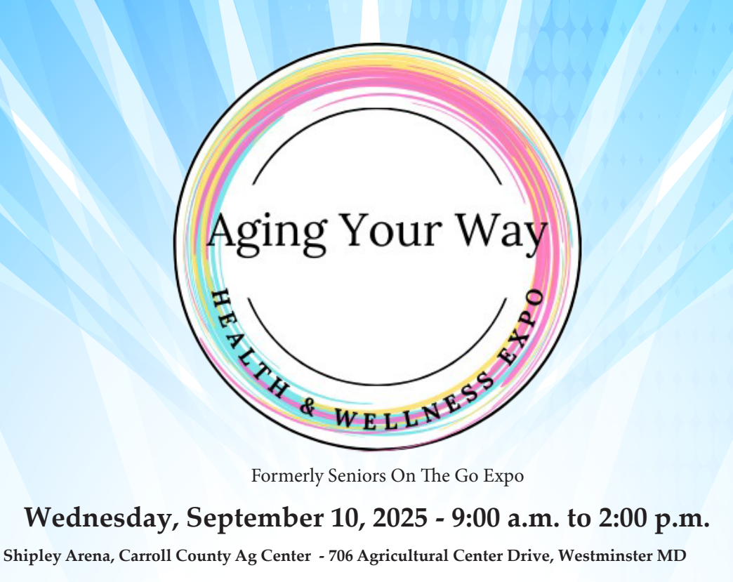 A light blue and white background shows a circle with pink, yeloow and green gradient color. The text includes the Aging Your Way event details.