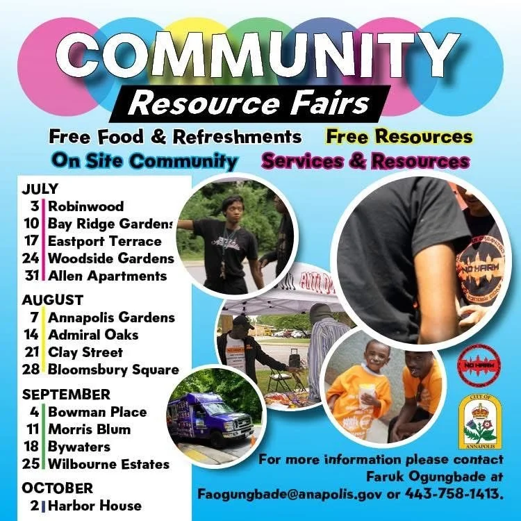 A blue background is titles COMMUNITY RESOURCE FAIRS and features images of diverse community members attending an outdoor event. The image includes a list of dates and promotes free food and refreshments, free resources, on site community and services and resources.