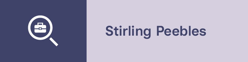 A visual with a two-tone background; the left third is a dark slate blue displaying a white magnify glass icon focused on business briefcase icon. The remaining space is a light purple color with the text "Stirling Peebles" in dark slate blue.