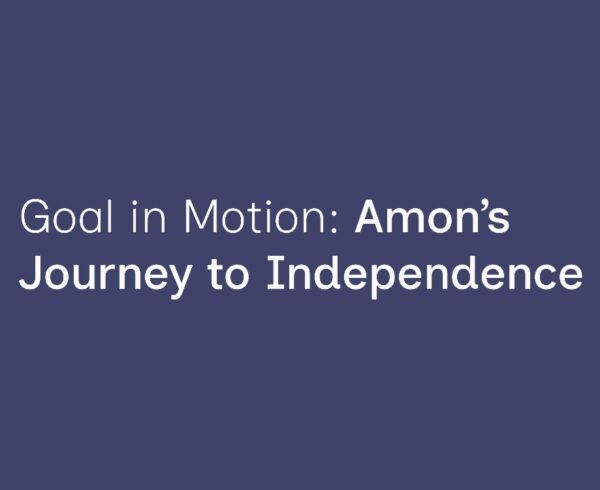 A graphic with a purple background with an orange vehicle icon on the left and on the right side is the white text, "Goal in Motion: Amon's Journey to Independence".