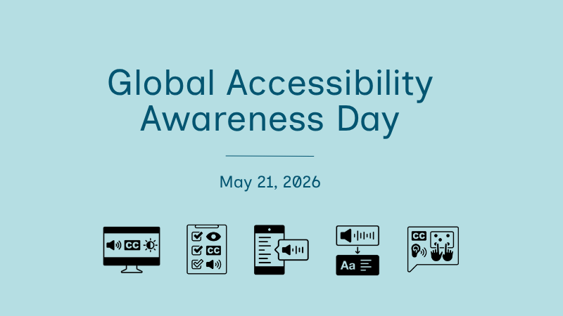 Text reading Global Accessibility Awareness Day is shown above a row of icons representing various types of digital accessibility tools.